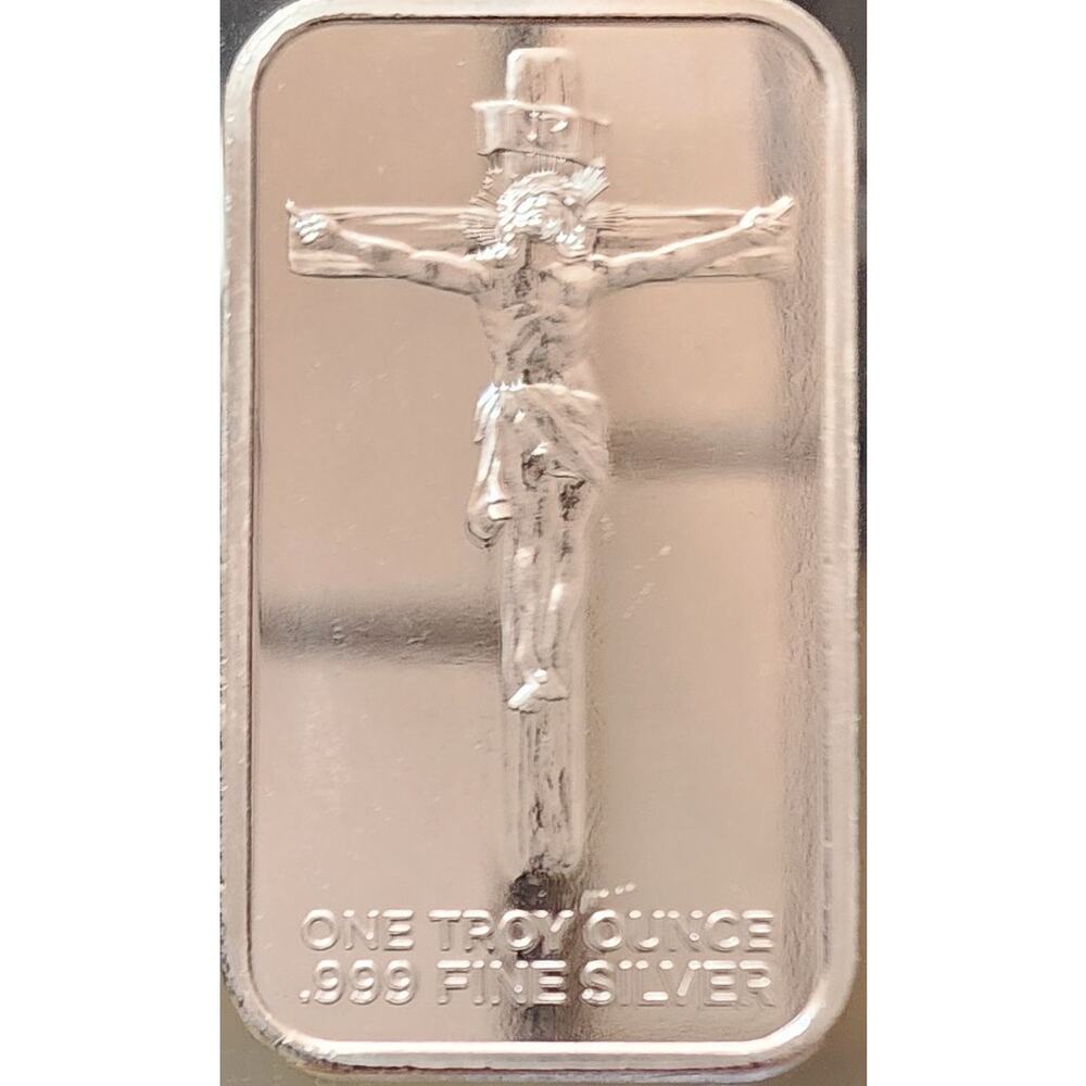 1 oz .999 Silver Bar Jesus on Cross w/ Cross Pattern Back